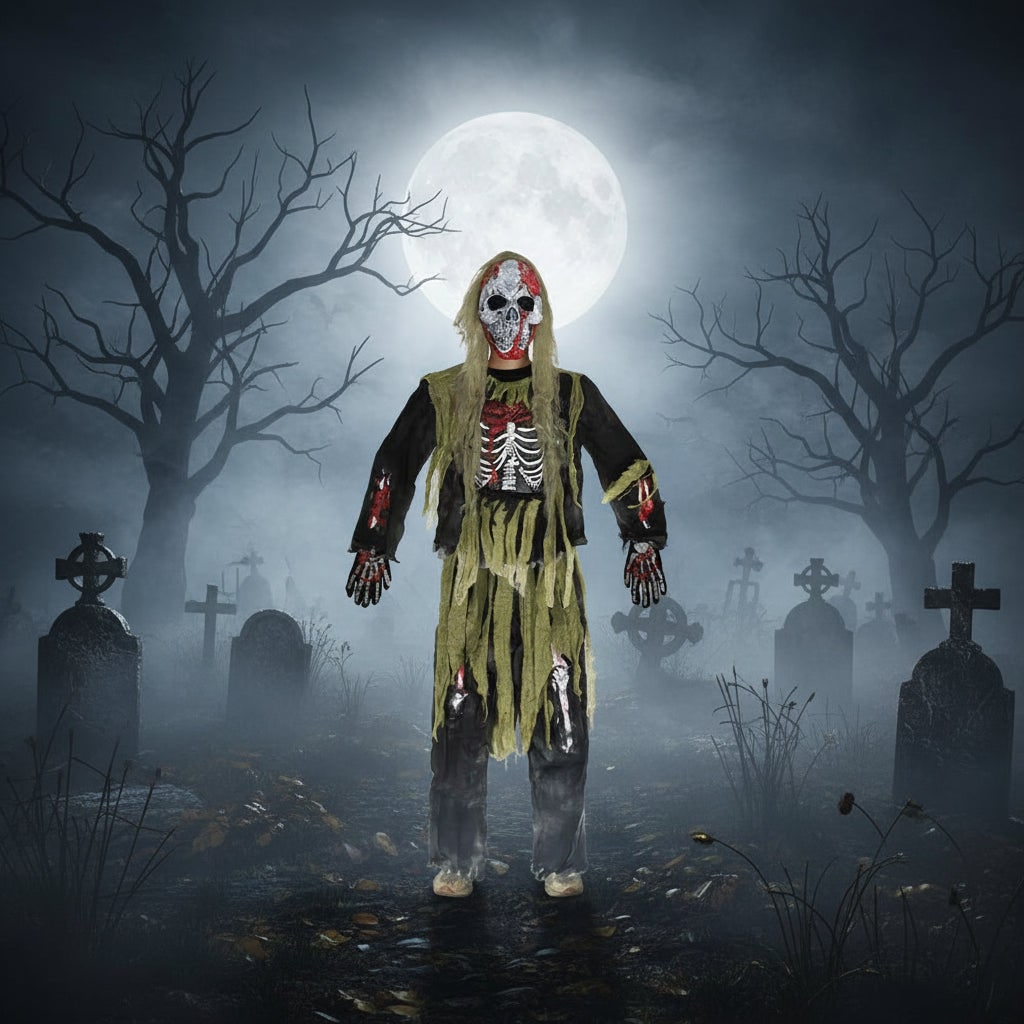 Bambino in costume scheletro zombie con maschera spettrale e guanti scheletro, ottimo per dolcetto o scherzetto.