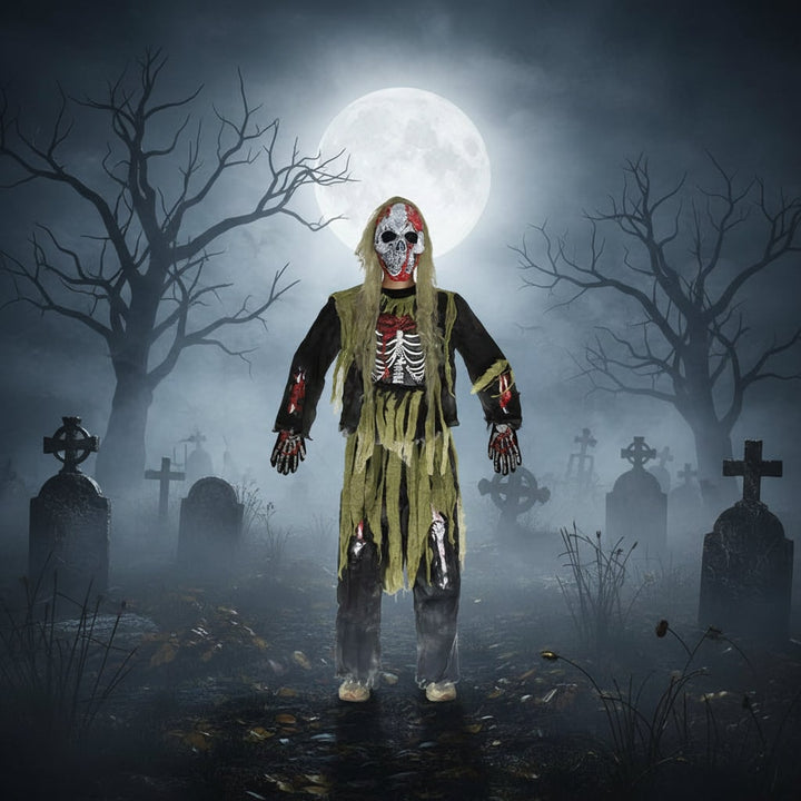 Bambino in costume scheletro zombie con maschera spettrale e guanti scheletro, ottimo per dolcetto o scherzetto.