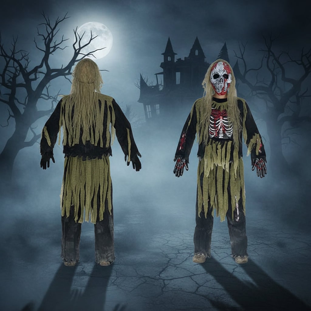 Bambino che festeggia Halloween con un terrificante costume scheletro zombie, include maschera e guanti da brivido.