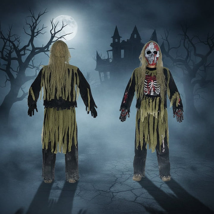 Bambino che festeggia Halloween con un terrificante costume scheletro zombie, include maschera e guanti da brivido.