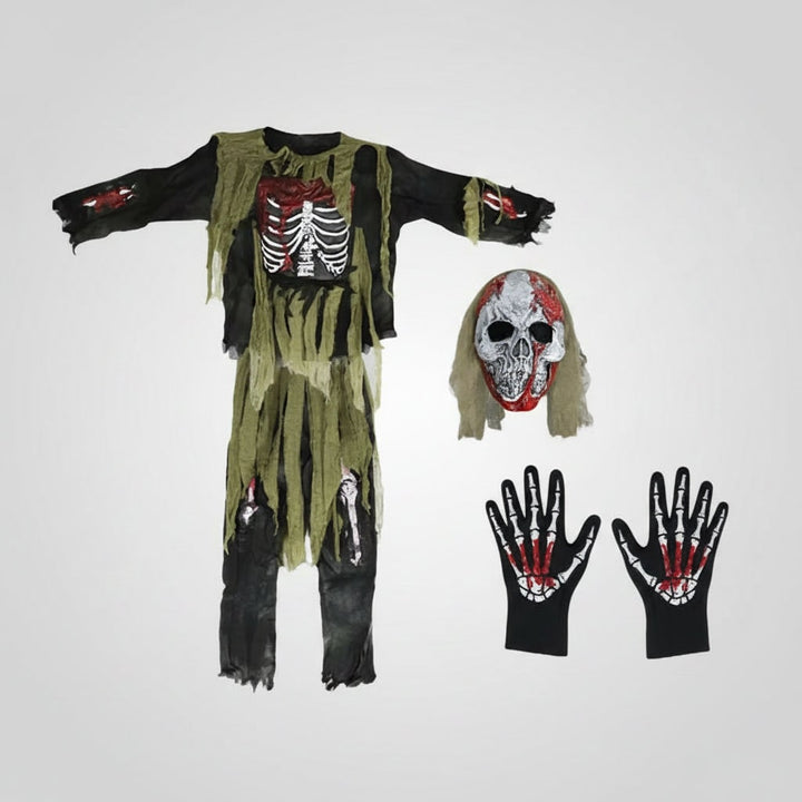Spettrale costume da scheletro zombie per bambini con maschera e guanti. Perfetto travestimento per Halloween e feste.