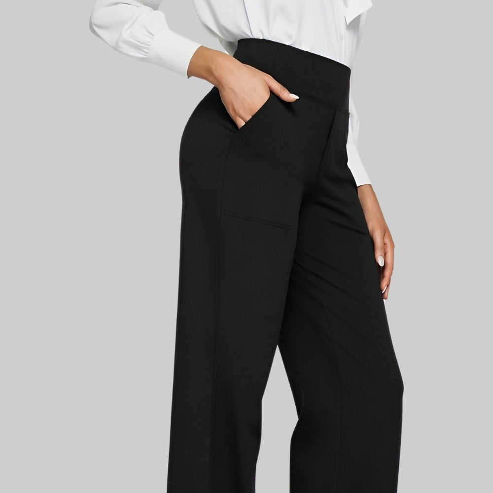 Pantaloni donna a vita alta, vestibilità comoda ed elegante, con tasche per un look casual chic.