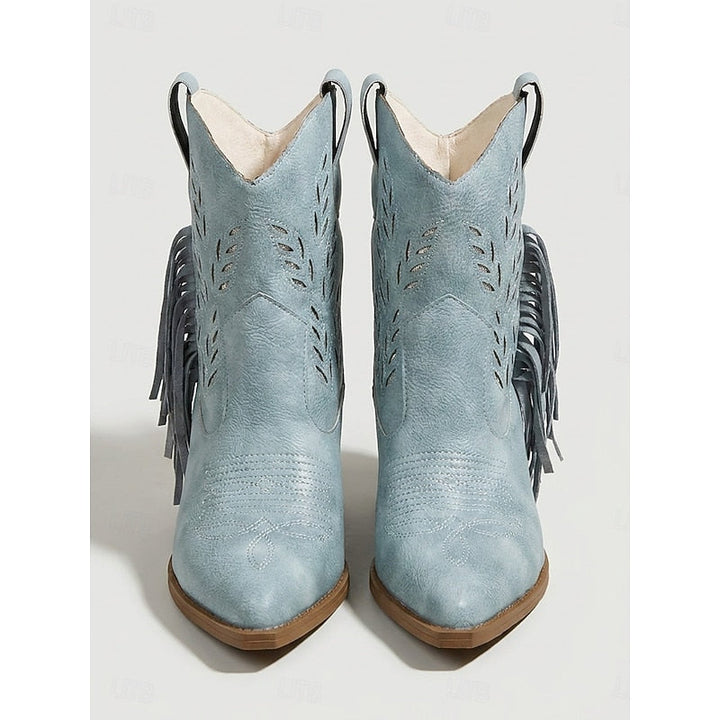 Stivaletti western donna blu scuro, stile cowboy chic, con nappe vivaci, punta affusolata e tacco largo.