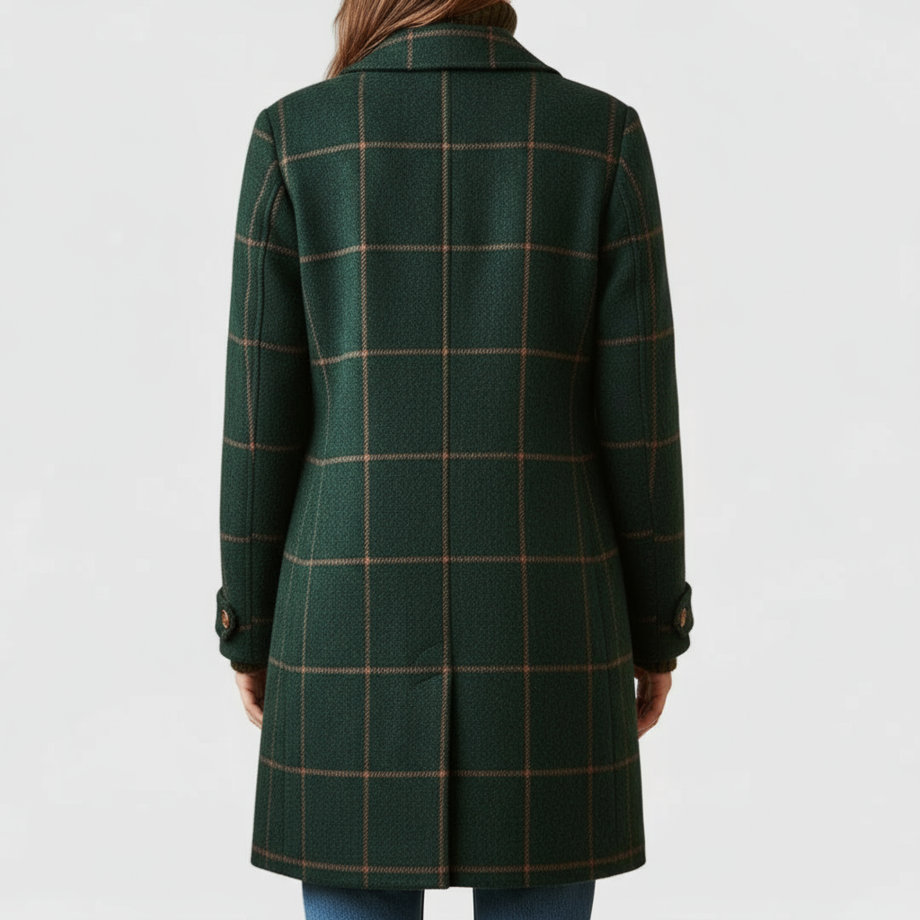 Elegante cappotto scozzese da donna in tweed con motivo a quadri, revers a lancia. Ideale per l'inverno.