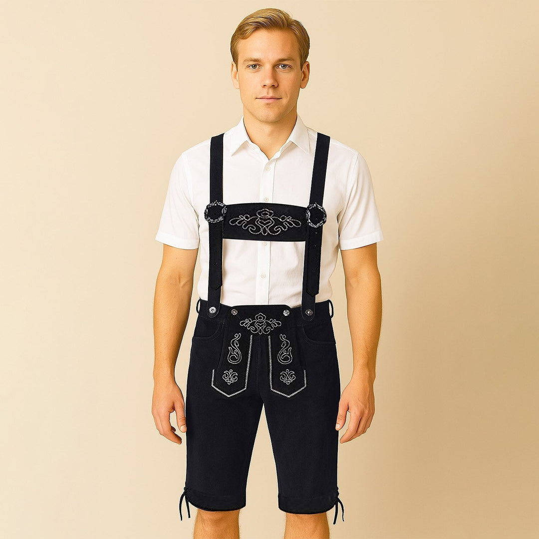 Lederhosen uomo tradizionali per Oktoberfest con ricami dettagliati e bretelle. Perfetti per la festa bavarese.