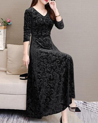 Vestito lungo donna elegante floreale con scollo a V e vita alta, ideale per occasioni speciali.