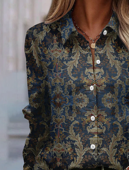 Blusa button-up da donna classica con maniche lunghe, ideale per outfit autunnali ed eleganti da ufficio.