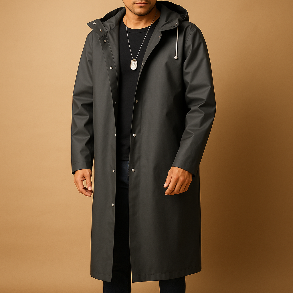 Impermeabile lungo uomo nero con cappuccio, elegante giacca antipioggia per protezione e stile casual outdoor.