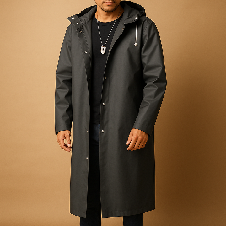 Impermeabile lungo uomo nero con cappuccio, elegante giacca antipioggia per protezione e stile casual outdoor.