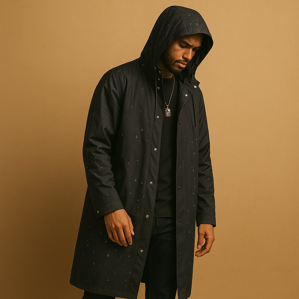 Elegante cappotto pioggia lungo da uomo nero, perfetto per restare asciutto con un tocco di classe.