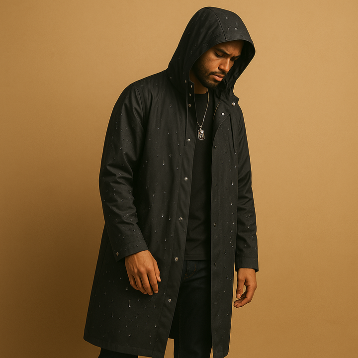 Elegante cappotto pioggia lungo da uomo nero, perfetto per restare asciutto con un tocco di classe.