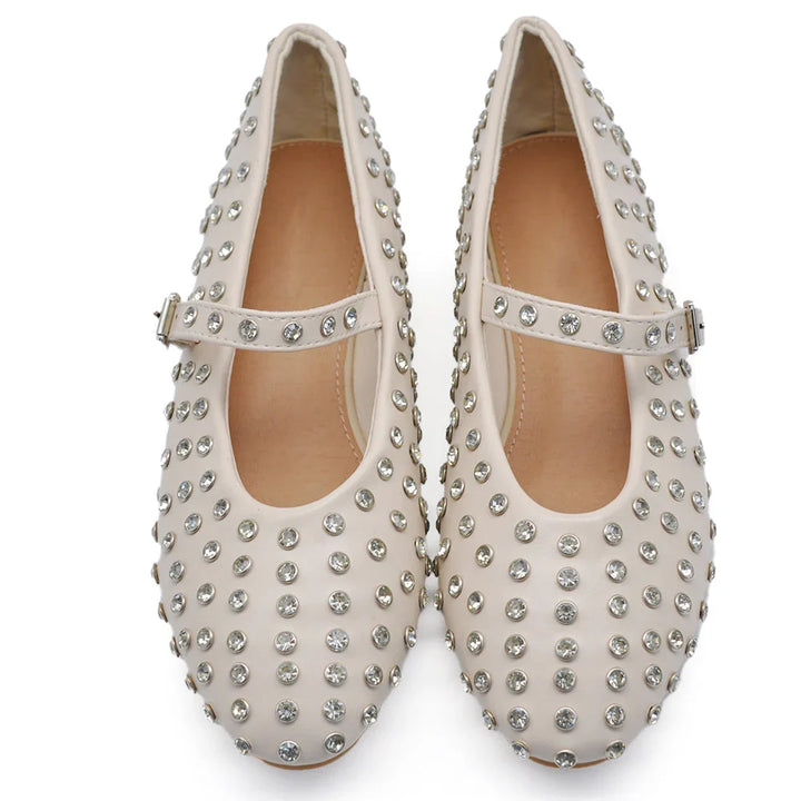 Ballerine donna eleganti con strass e cinturino regolabile, ideali per cerimonia e party.
