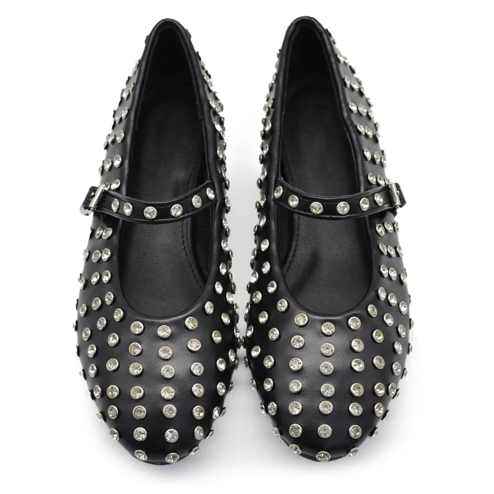 Ballerine nere da donna con strass scintillanti e cinturino regolabile, perfette per la moda.