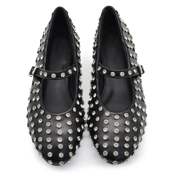 Ballerine nere da donna con strass scintillanti e cinturino regolabile, perfette per la moda.