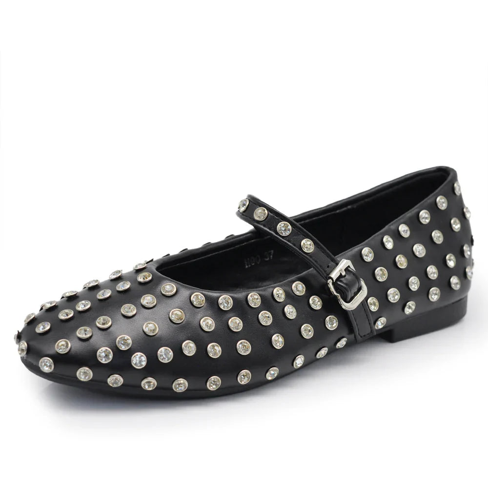 Ballerine beige eleganti da donna con strass e cinturino regolabile, scarpe basse chic.