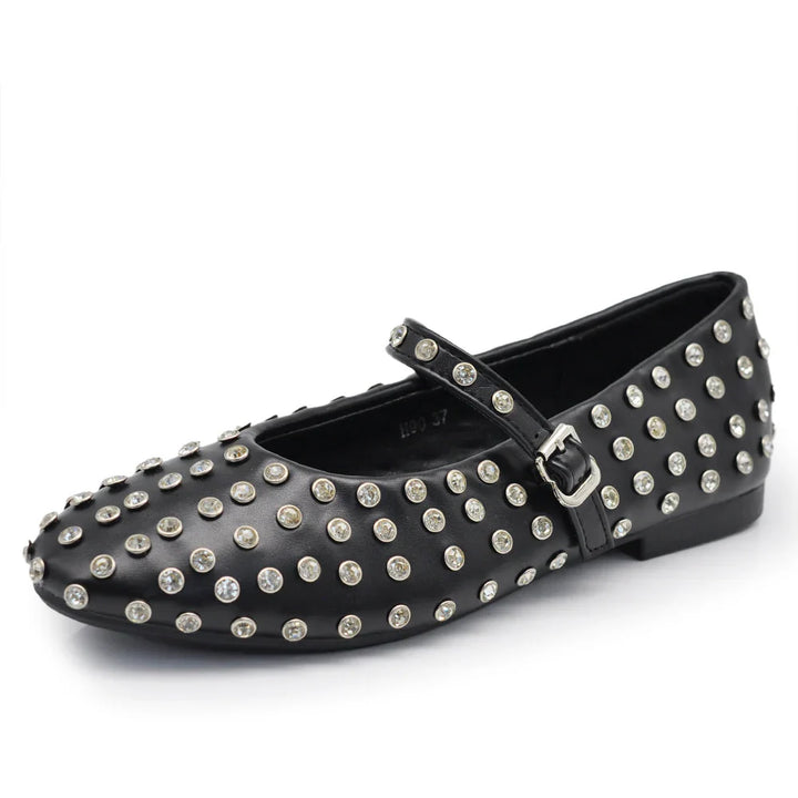 Ballerine beige eleganti da donna con strass e cinturino regolabile, scarpe basse chic.