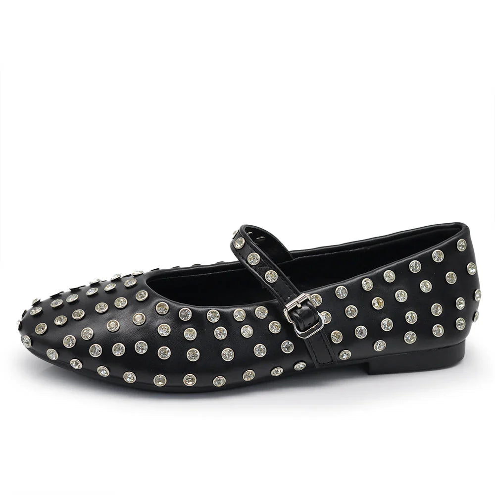 Ballerine donna per cerimonia/party, con strass brillanti e pratico cinturino regolabile.