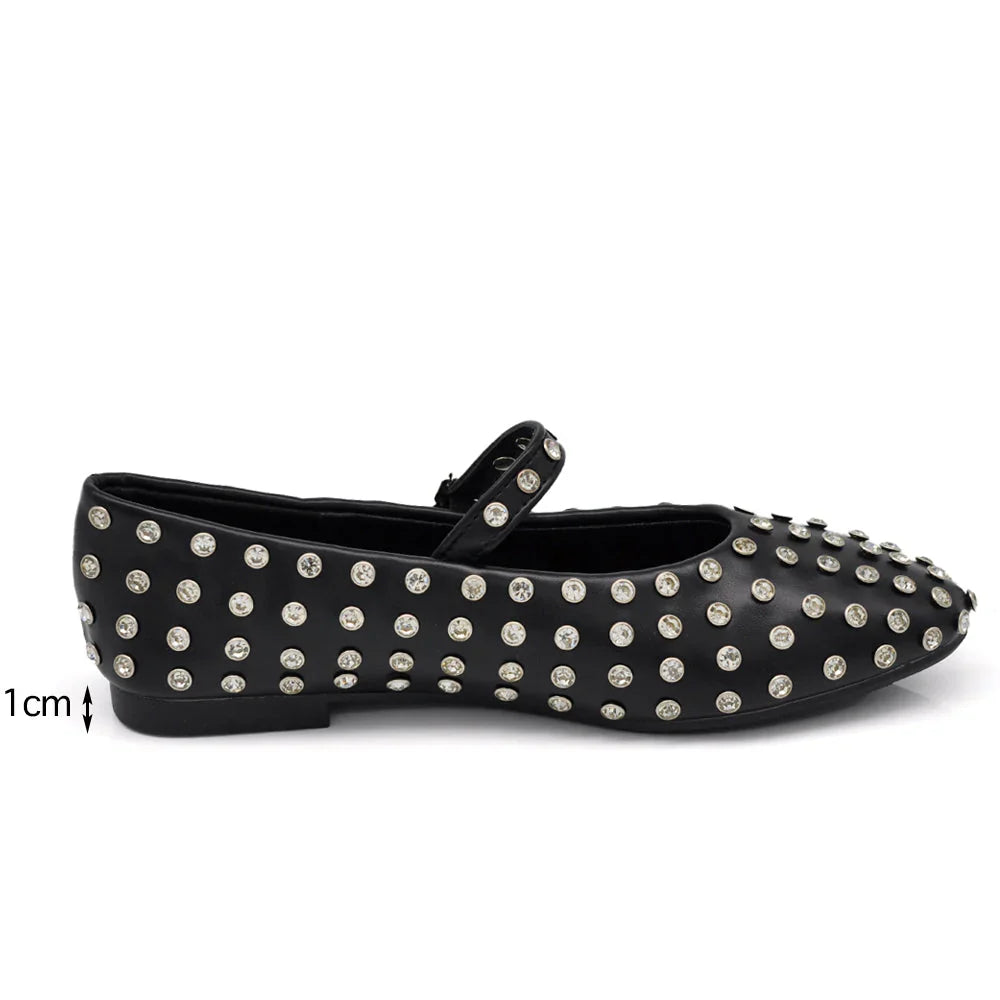 Ballerine donna con strass luccicanti e cinturino regolabile, scarpe moda per eventi speciali.