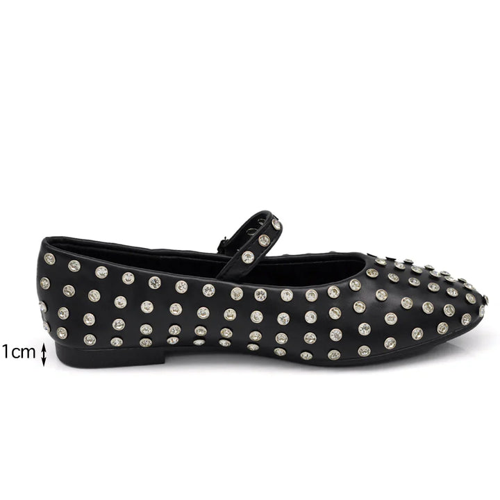 Ballerine donna con strass luccicanti e cinturino regolabile, scarpe moda per eventi speciali.