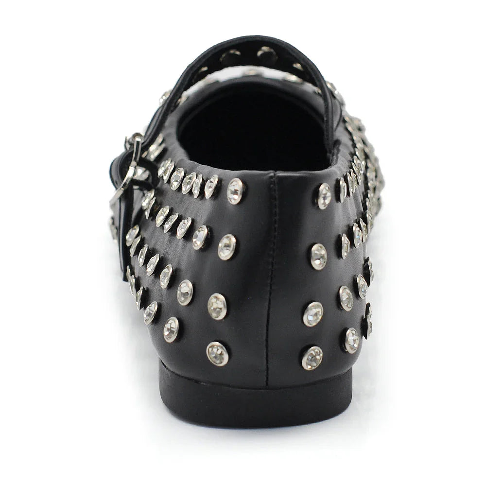 Ballerine nere da donna, design elegante con strass e pratico cinturino regolabile per comfort.