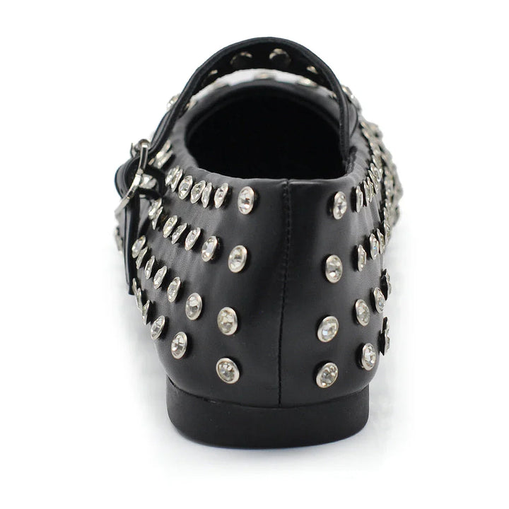 Ballerine nere da donna, design elegante con strass e pratico cinturino regolabile per comfort.