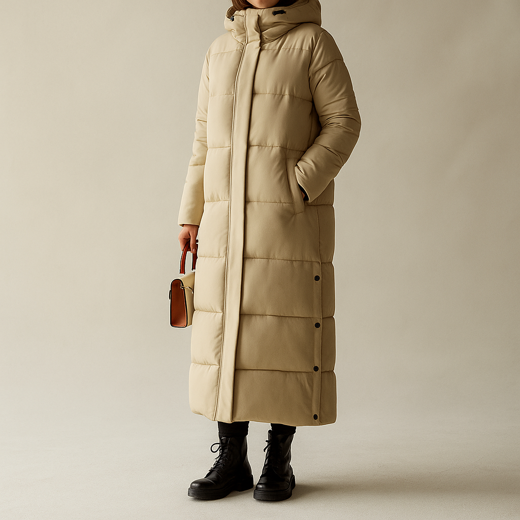 Piumino donna lungo, leggero ma caldo, ideale per comfort invernale, design trapuntato classico.