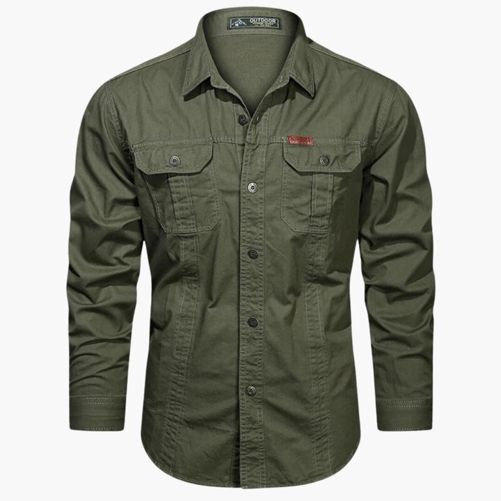Camicia uomo outdoor elegante e casual con bottoni, perfetta per viaggio, comfort e stile moderno.