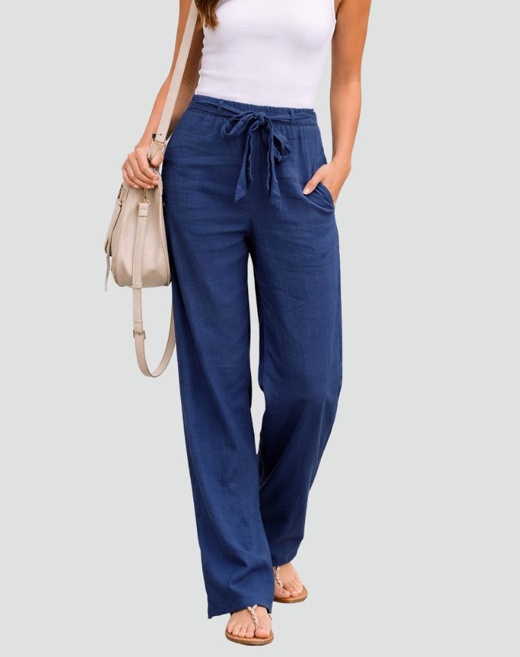 Pantaloni donna casual a gamba larga in lino, con pratica coulisse, per un outfit estivo rilassato e chic.