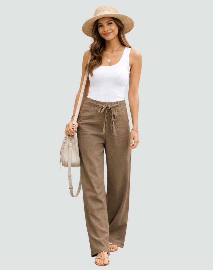 Vista posteriore pantaloni donna in lino a gamba larga, con dettaglio coulisse e tasche, ideali per l'estate.