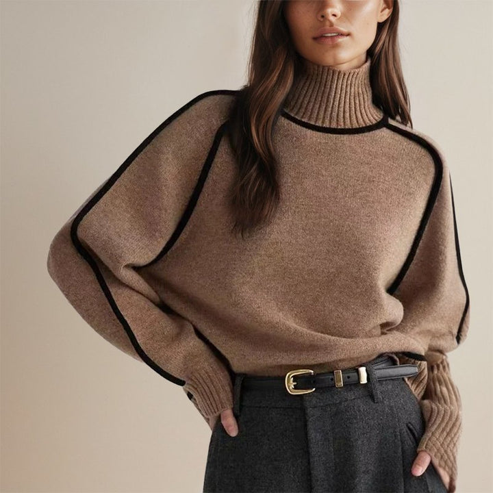 Elegante maglione dolcevita donna color block, maglieria calda per l'autunno inverno. Comfort e stile casual.