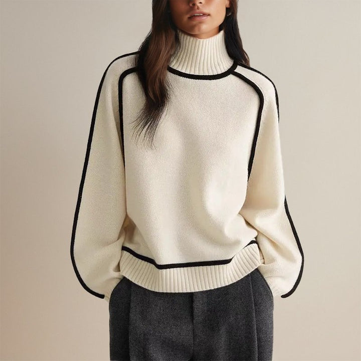 Maglione dolcevita donna color block, caldo e confortevole. Perfetto per moda inverno e abbigliamento casual.