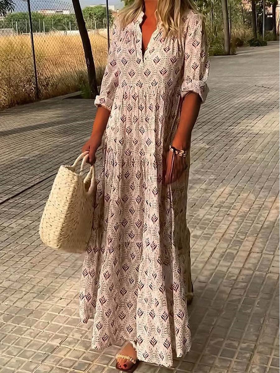 Abito lungo estivo donna elegante boho chic con scollo a V. Ideale per la moda estiva, casual e confortevole.