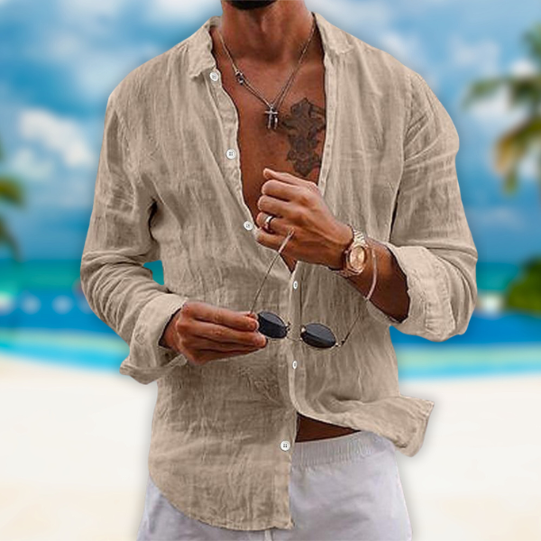 Camicia uomo per primavera estate, maniche lunghe. Stile casual con colletto classico, abbigliamento maschile.