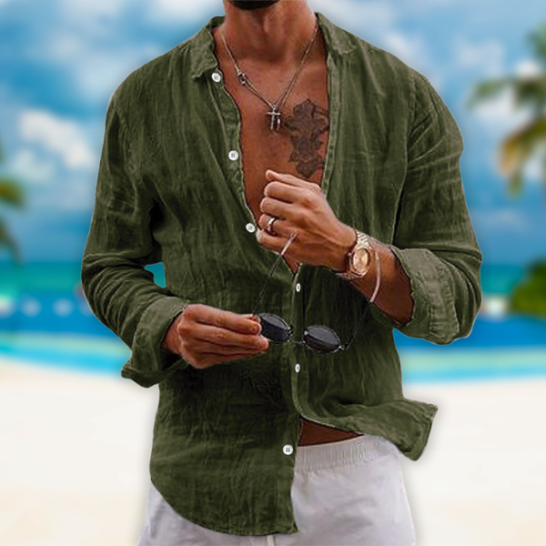 Camicia uomo versatile per primavera estate. Maniche lunghe, colletto classico per un comfort casual.