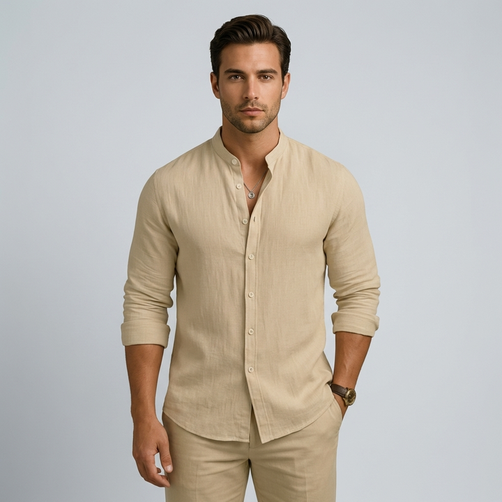 Camicia uomo casual a maniche lunghe con colletto coreano, ideale per primavera/estate.