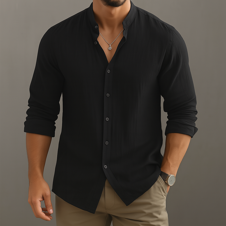 Camicia uomo primaverile/estiva a maniche lunghe con colletto coreano, design casual per massimo comfort.