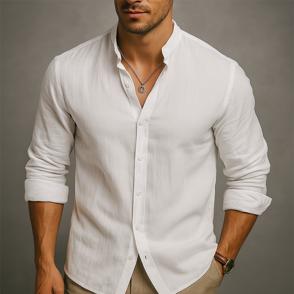 Versatile camicia uomo casual, maniche lunghe, colletto coreano. Un capo essenziale per la moda maschile.