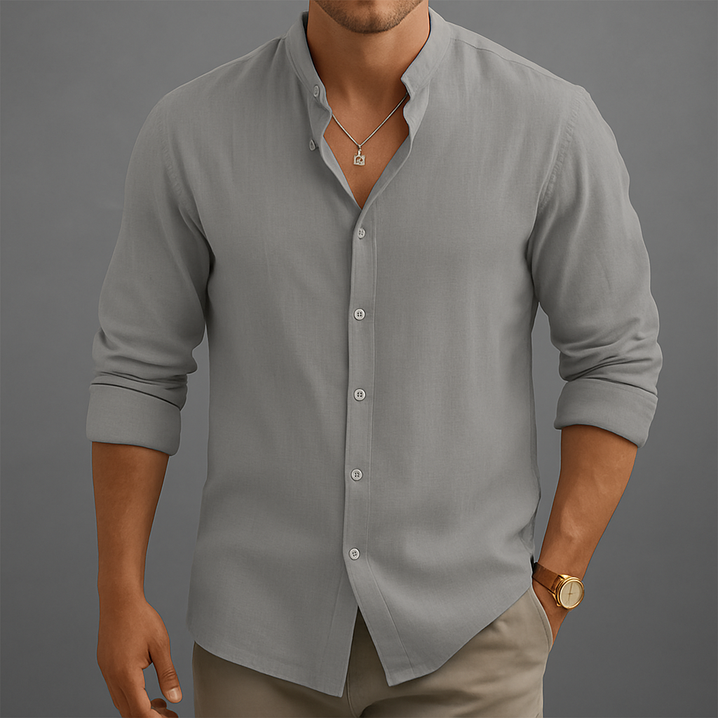 Look moderno con camicia uomo a maniche lunghe e colletto coreano. Perfetta per l'uomo che ama il casual chic.