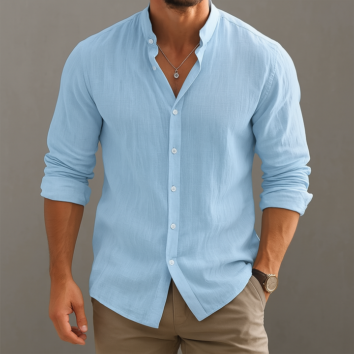 Camicia da uomo casual a maniche lunghe con colletto alla coreana, abbigliamento elegante per ogni stagione.