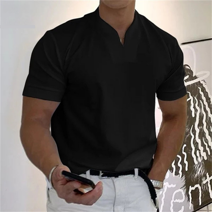Maglietta uomo elegante slim fit con collo alla coreana, must-have per la moda estiva e casual.