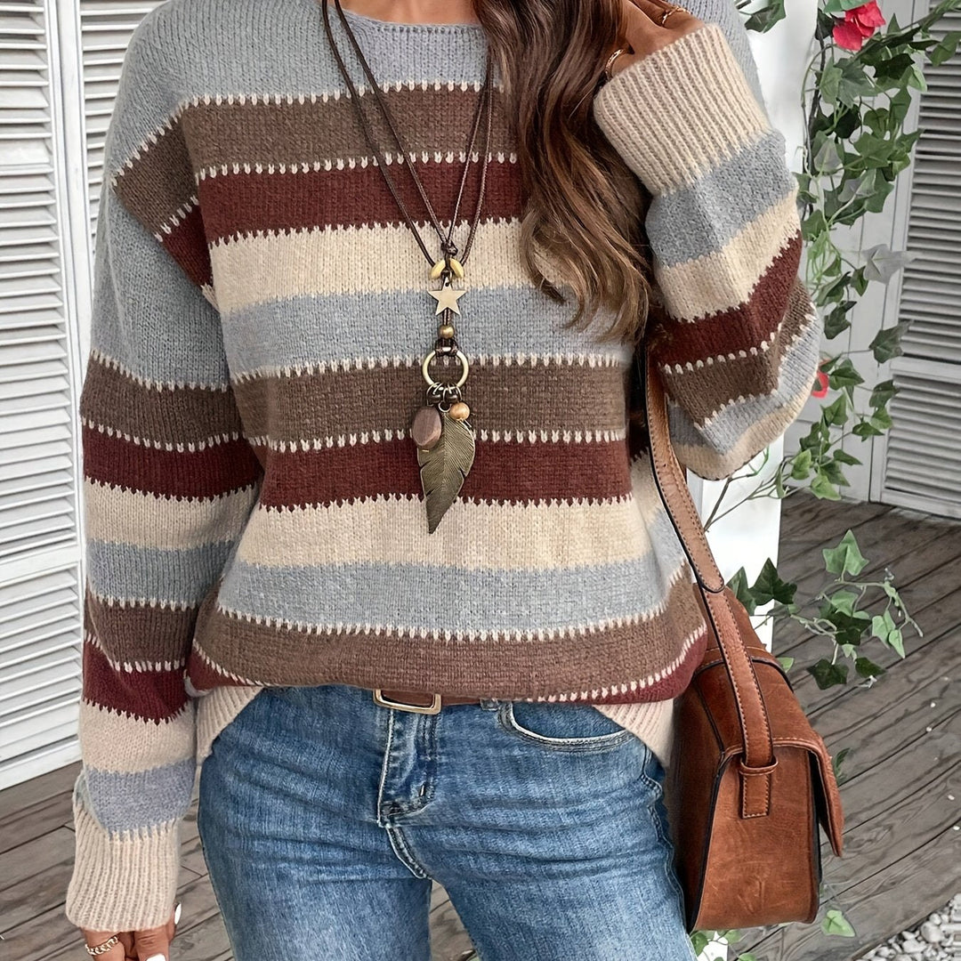 Maglione donna a righe colorate, girocollo, maniche lunghe e spalle scese, knitwear trendy.