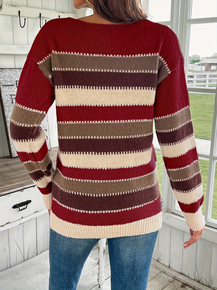 Maglione donna a blocchi di colore, girocollo, maniche lunghe, spalle scese, moda autunnale.