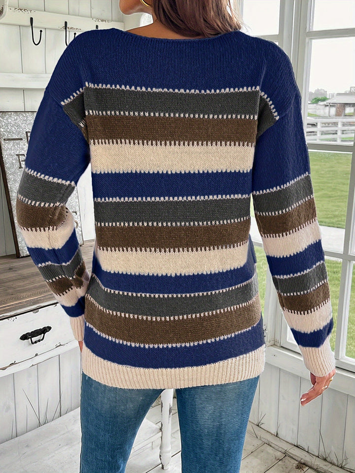 Maglione donna invernale colorato, girocollo comodo, maniche lunghe e spalle scese.
