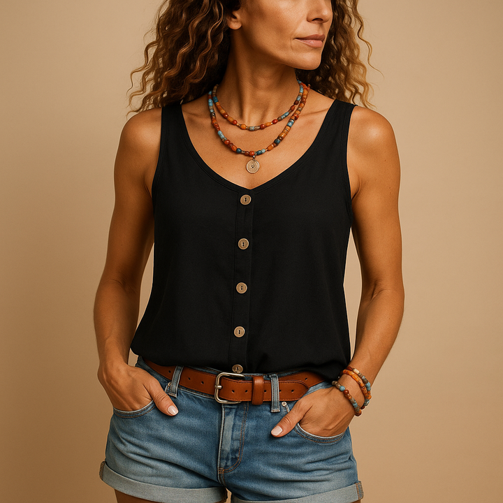 Top donna casual chic, senza maniche, con bottoni frontali e scollo a V. Ideale per outfit freschi.