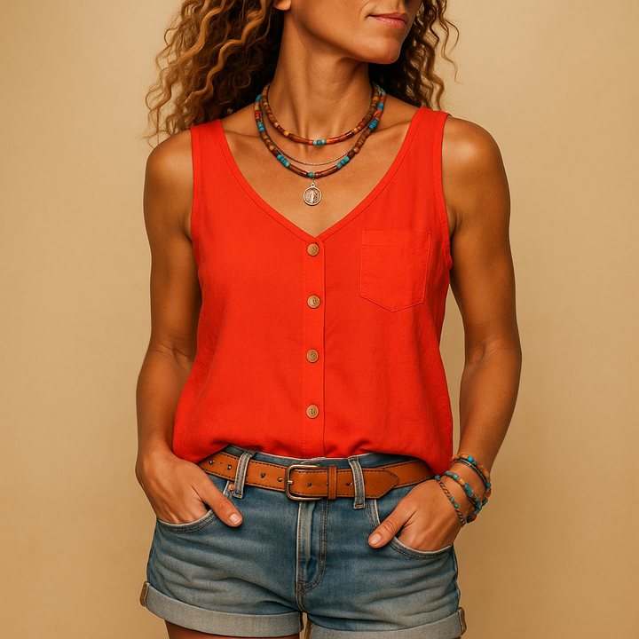Top donna estivo scollo a V, senza maniche, con bottoni. Perfetto per un look primaverile ed estivo.