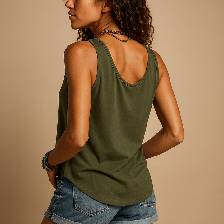Top donna fresco, senza maniche, scollo a V. Dettagli bottoni frontali. Abbigliamento estivo versatile.