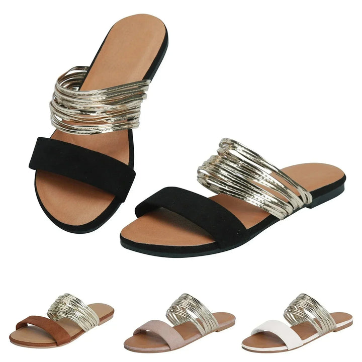 Sliders donna ammortizzate, doppia fascia larga con dettaglio metallico. Ciabatte comode per ogni occasione estiva.