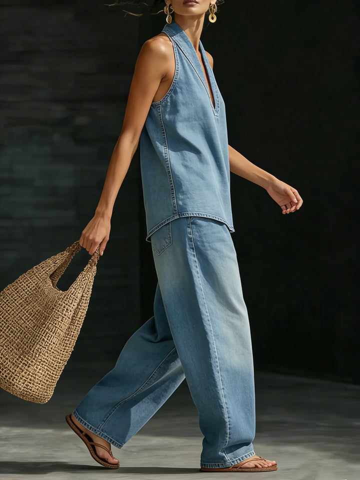 Pantaloni gamba larga e top scollo a V. Set coordinato denim donna. Abbigliamento femminile per un outfit casual.