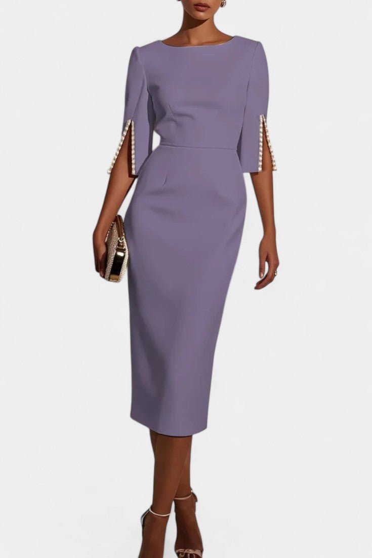 Abito midi elegante donna per autunno, con maniche a perle, per party e cerimonie.