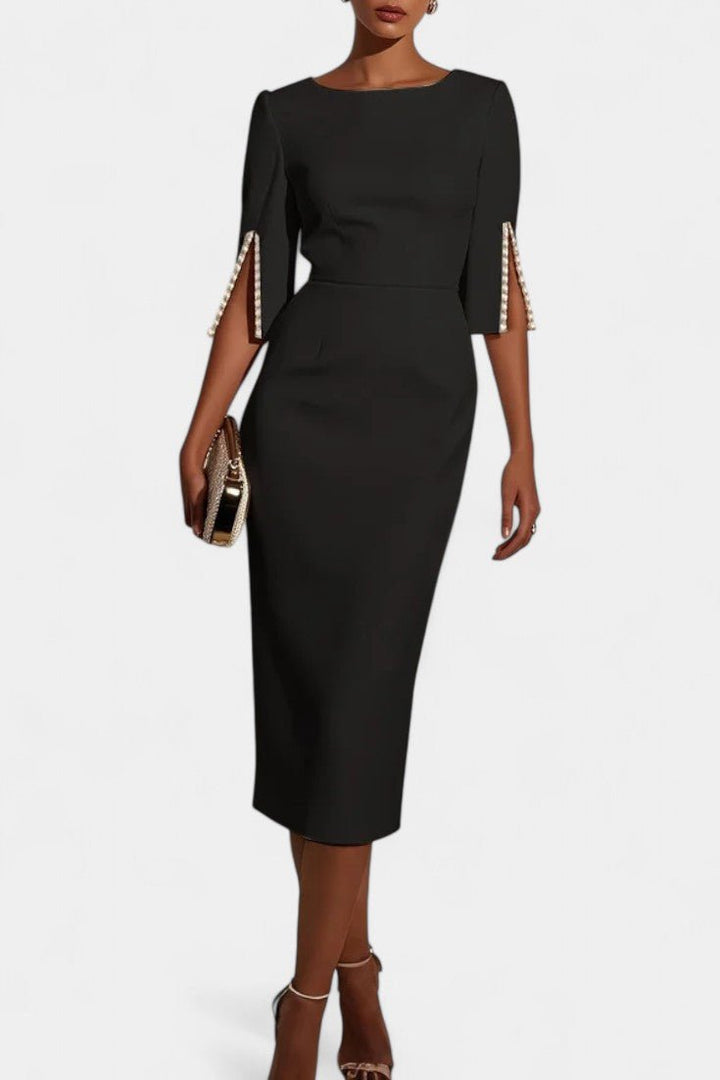 Silhouette elegante abito midi da cerimonia, maniche impreziosite da perle.
